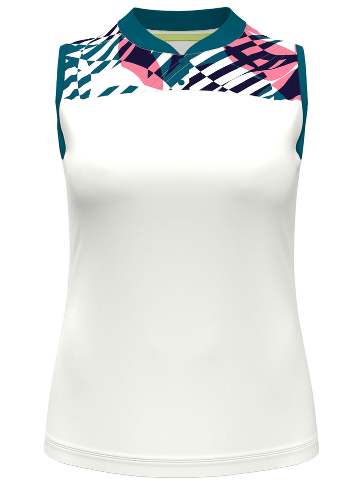 Geometric Print Golf Shirt with Overlapping Back Detail (Bright White) 