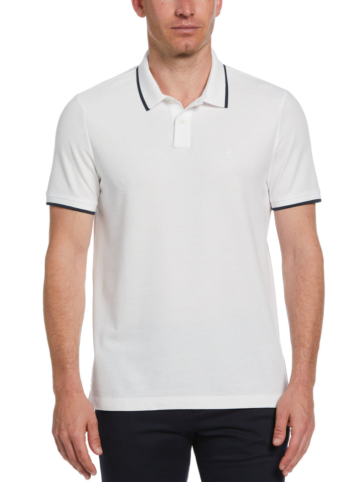Cotton Ribbed Collar Striped Polo (Bright White) 