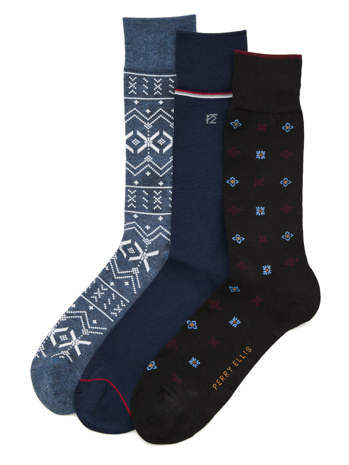 3-Pack Fair Isle and Neat Pattern Socks (3 Color Asst) 