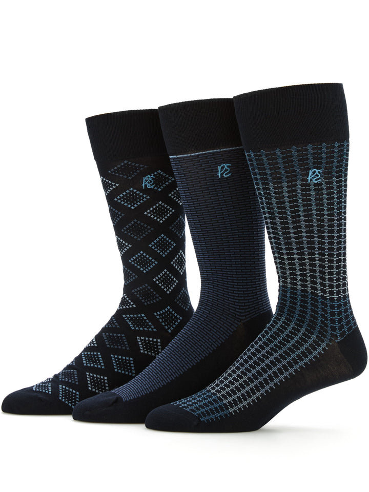 3-Pack Patterned Crew Socks (Dk Sapphire) 