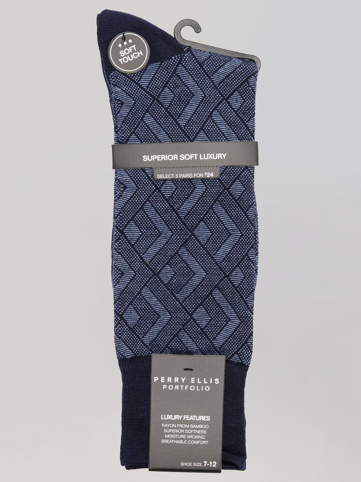Bamboo Viscose Blend Modern Diamond Crew Socks (Peacoat) 