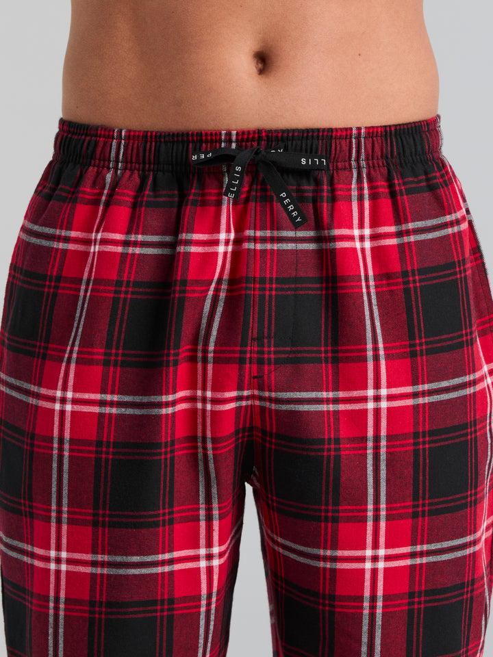 Deluxe Touch Crew Neck and Flannel Plaid Pant Sleepwear Set (Blk Beauty/Chili Pepp) 