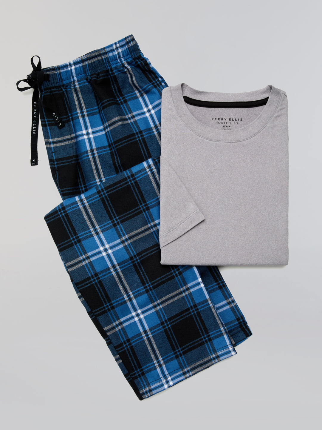 Deluxe Touch Crew Neck and Flannel Plaid Pant Sleepwear Set (Gray Hthr/Federal Blue) 