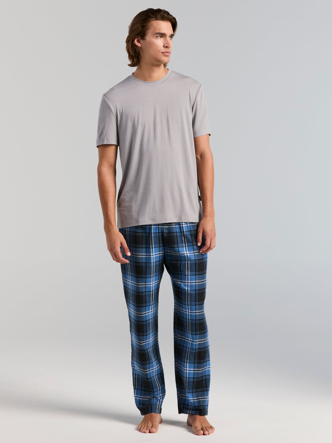 Deluxe Touch Crew Neck and Flannel Plaid Pant Sleepwear Set (Gray Hthr/Federal Blue) 