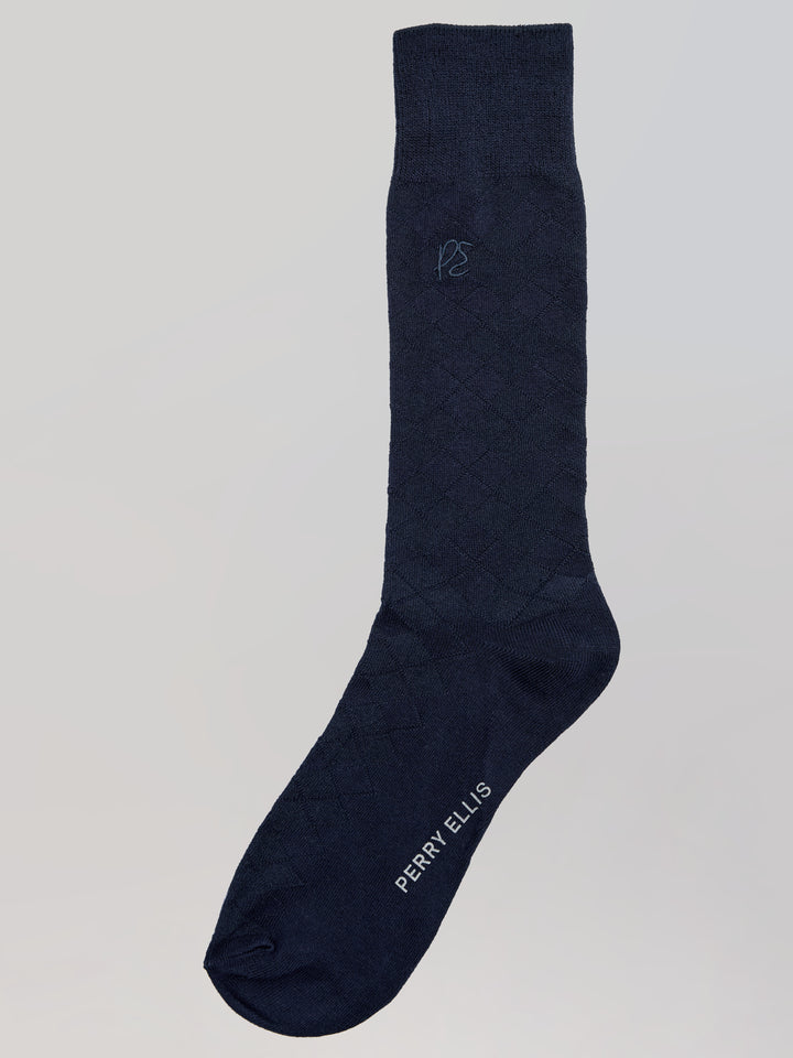 Textured Argyle Logo Crew Socks (Navy) 