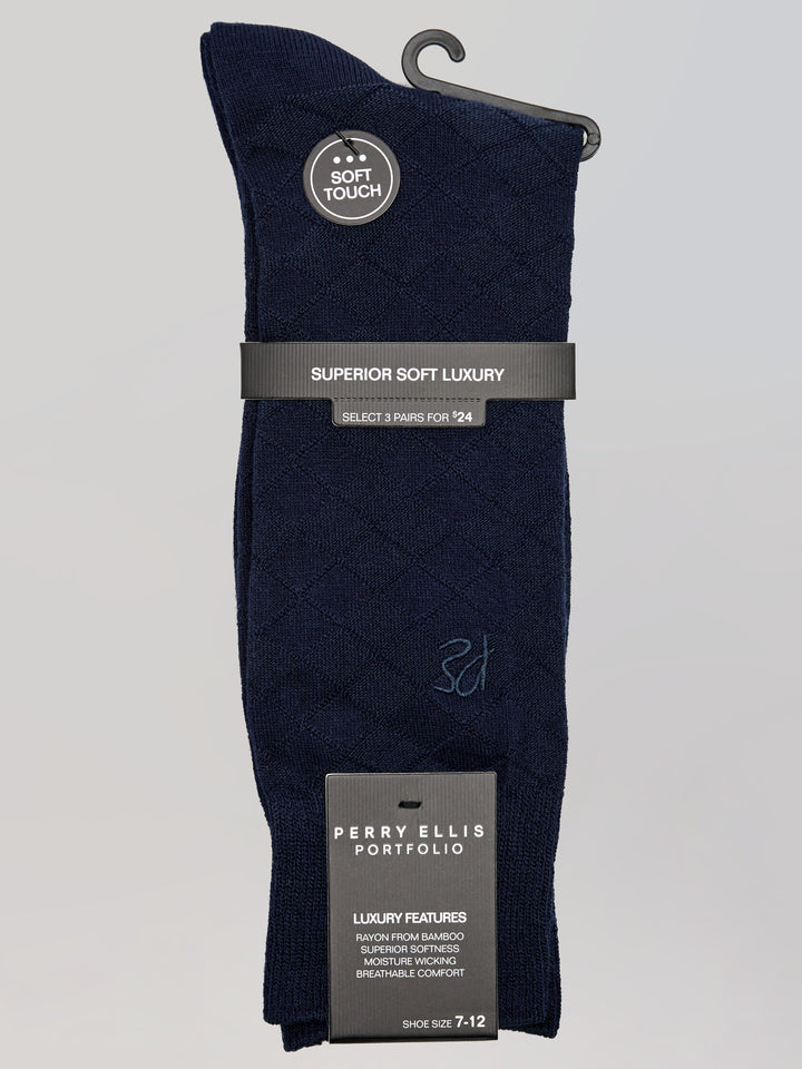 Textured Argyle Logo Crew Socks (Navy) 