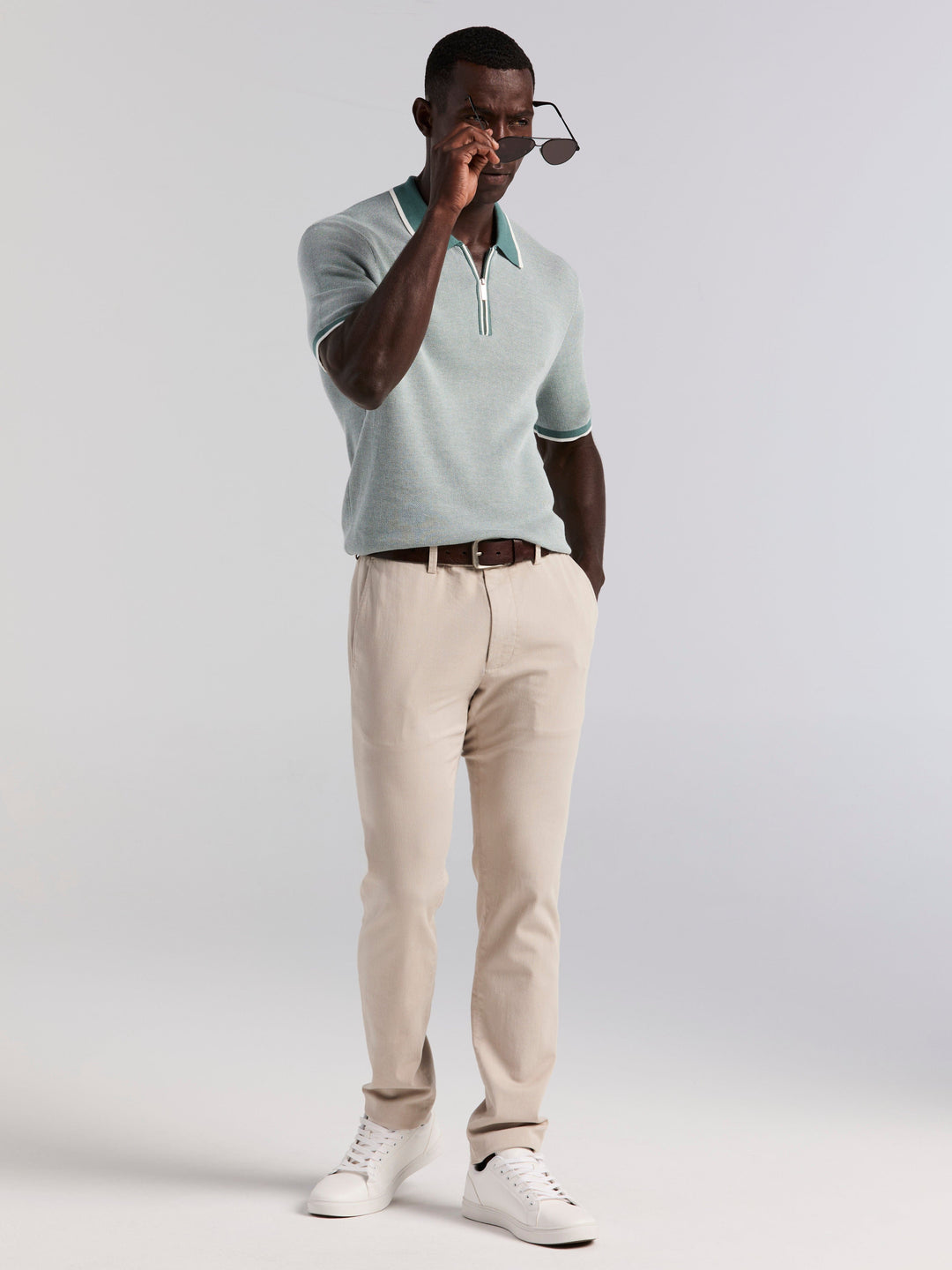 Bi-Color Stitch Zip Polo (Sea Pine)