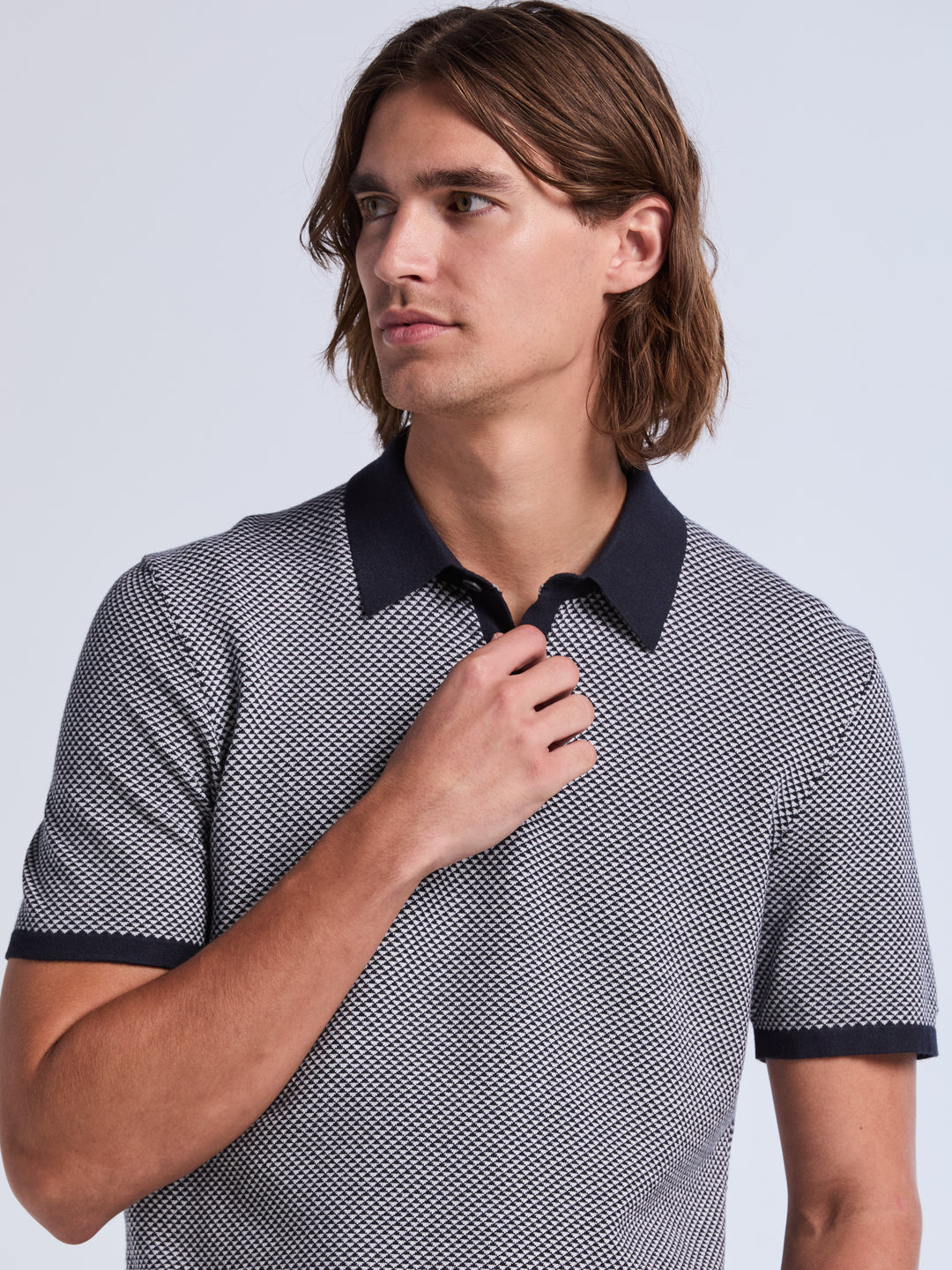 Short Sleeve Bi-Color Tech 3-Button Polo Sweater (Dark Sapphire) 