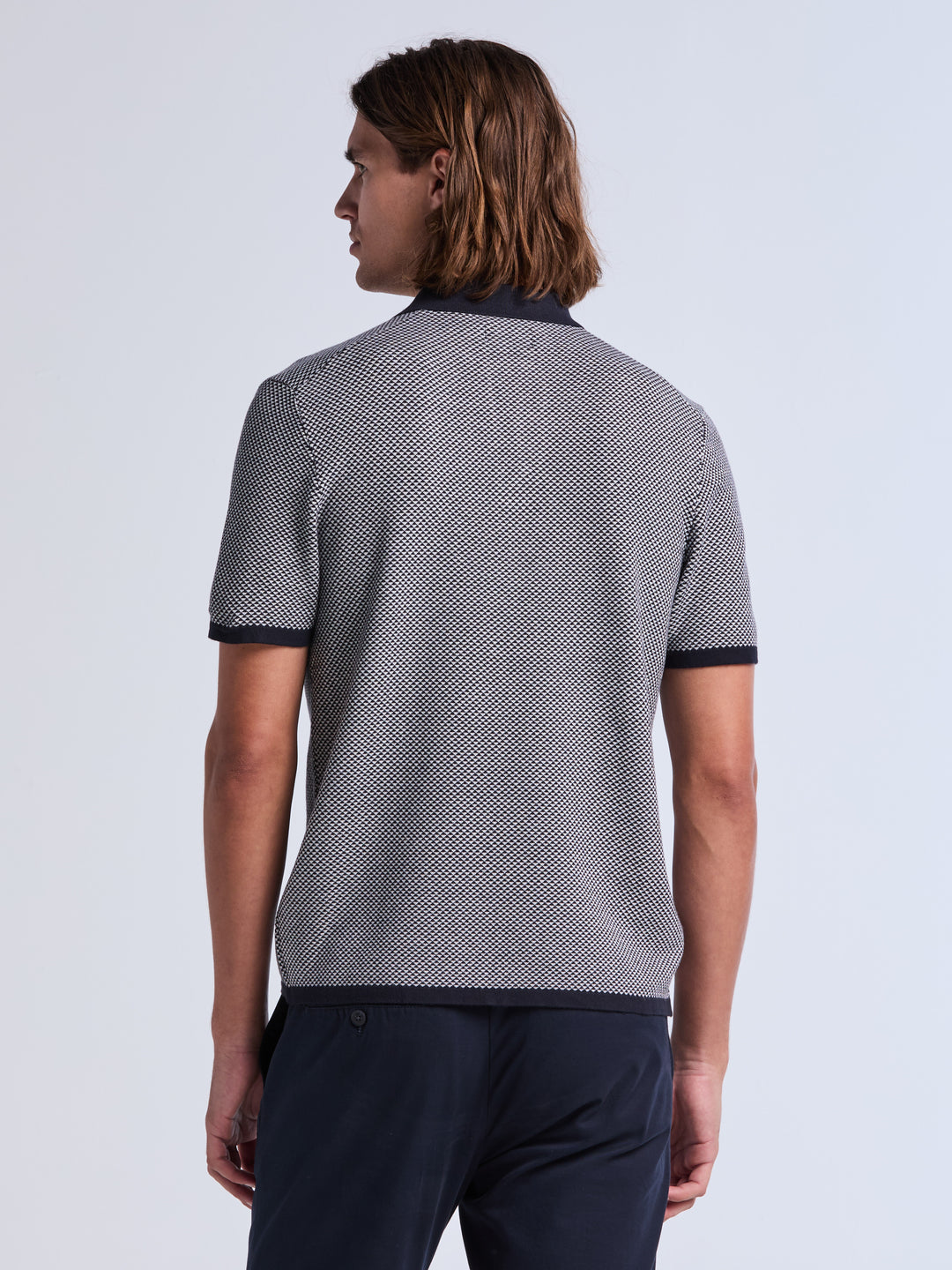 Short Sleeve Bi-Color Tech 3-Button Polo Sweater (Dark Sapphire) 