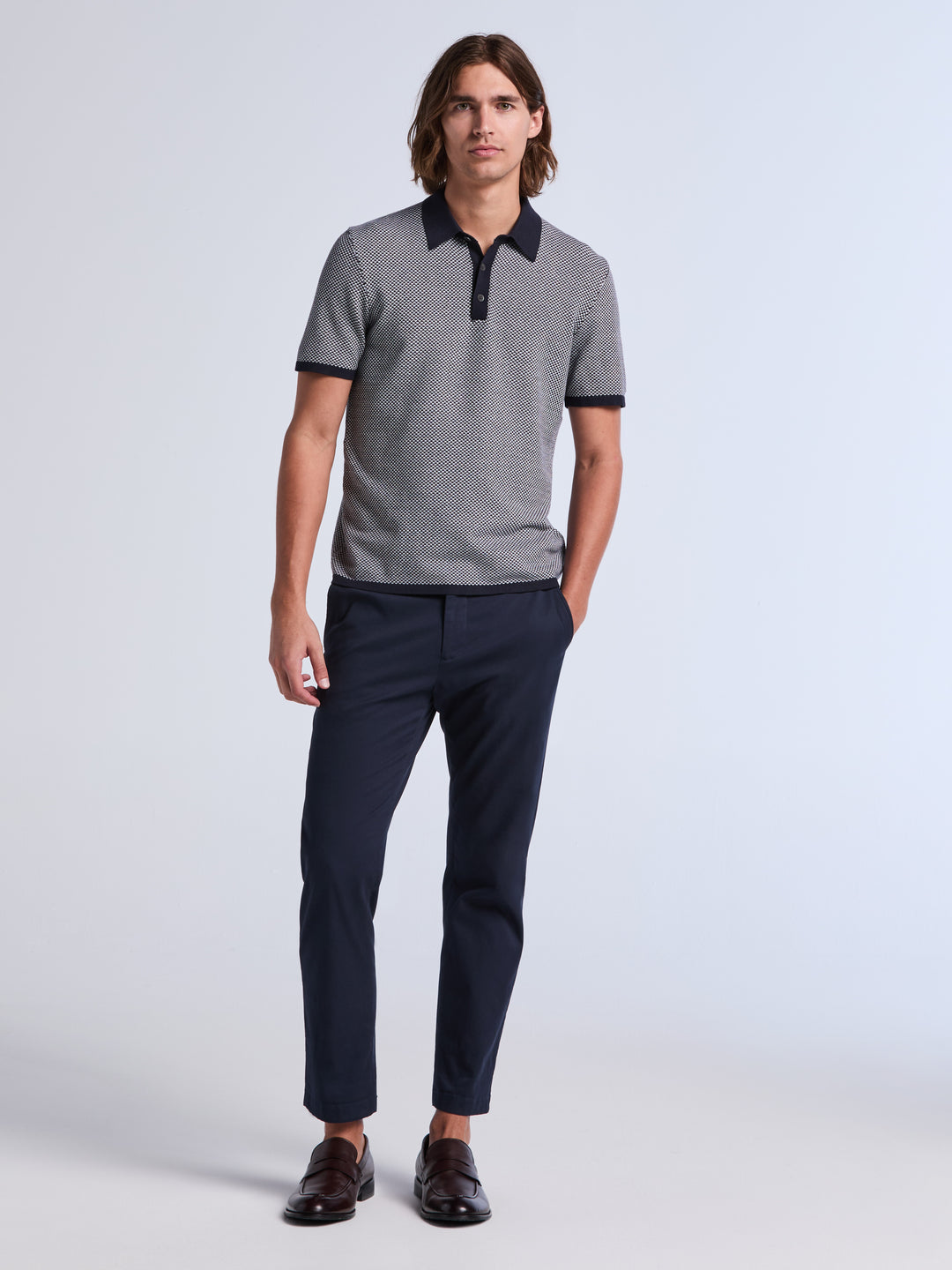 Short Sleeve Bi-Color Tech 3-Button Polo Sweater (Dark Sapphire) 
