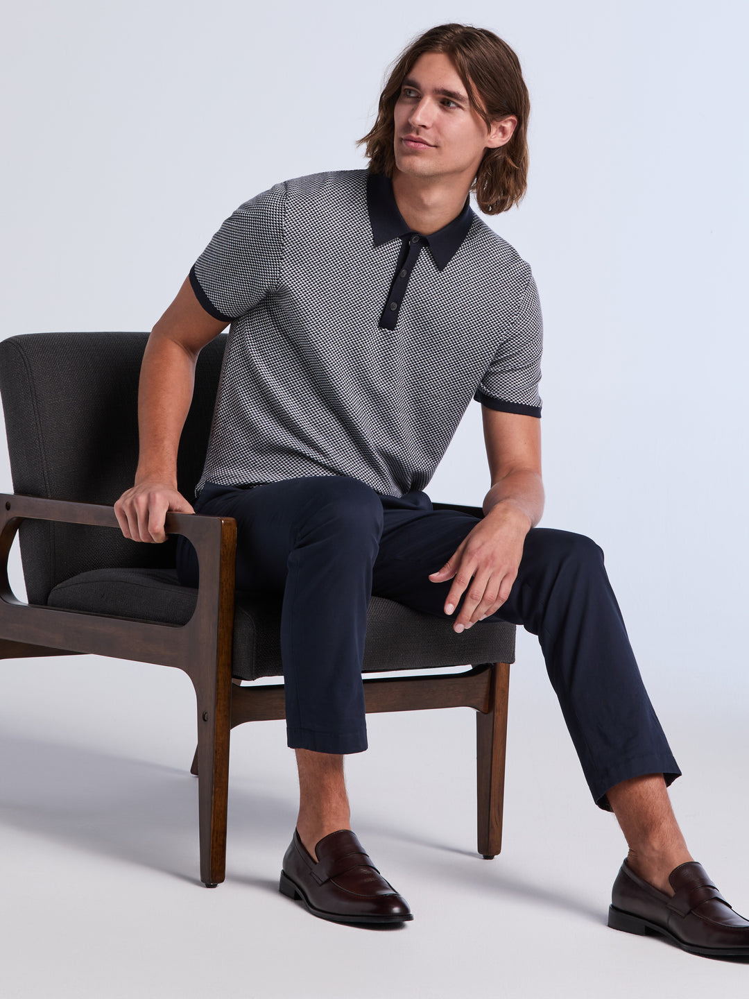 Short Sleeve Bi-Color Tech 3-Button Polo Sweater (Dark Sapphire) 