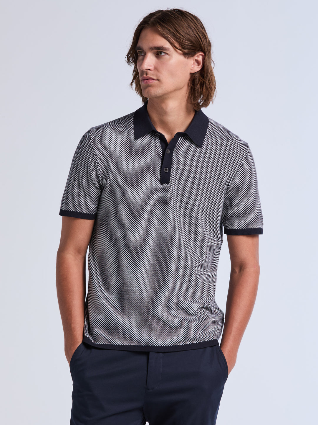 Short Sleeve Bi-Color Tech 3-Button Polo Sweater (Dark Sapphire) 