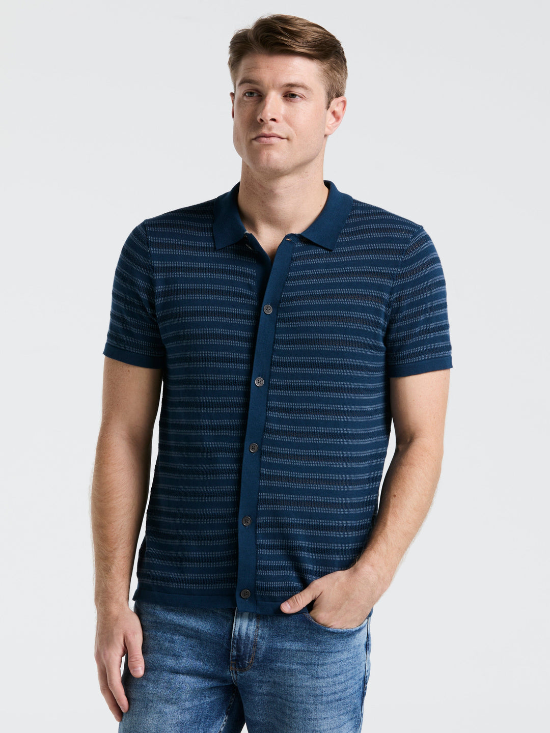 Button-Front Striped Polo Sweater (Blue Wing Teal) 