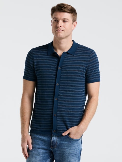 Button-Front Striped Polo Sweater (Blue Wing Teal) 