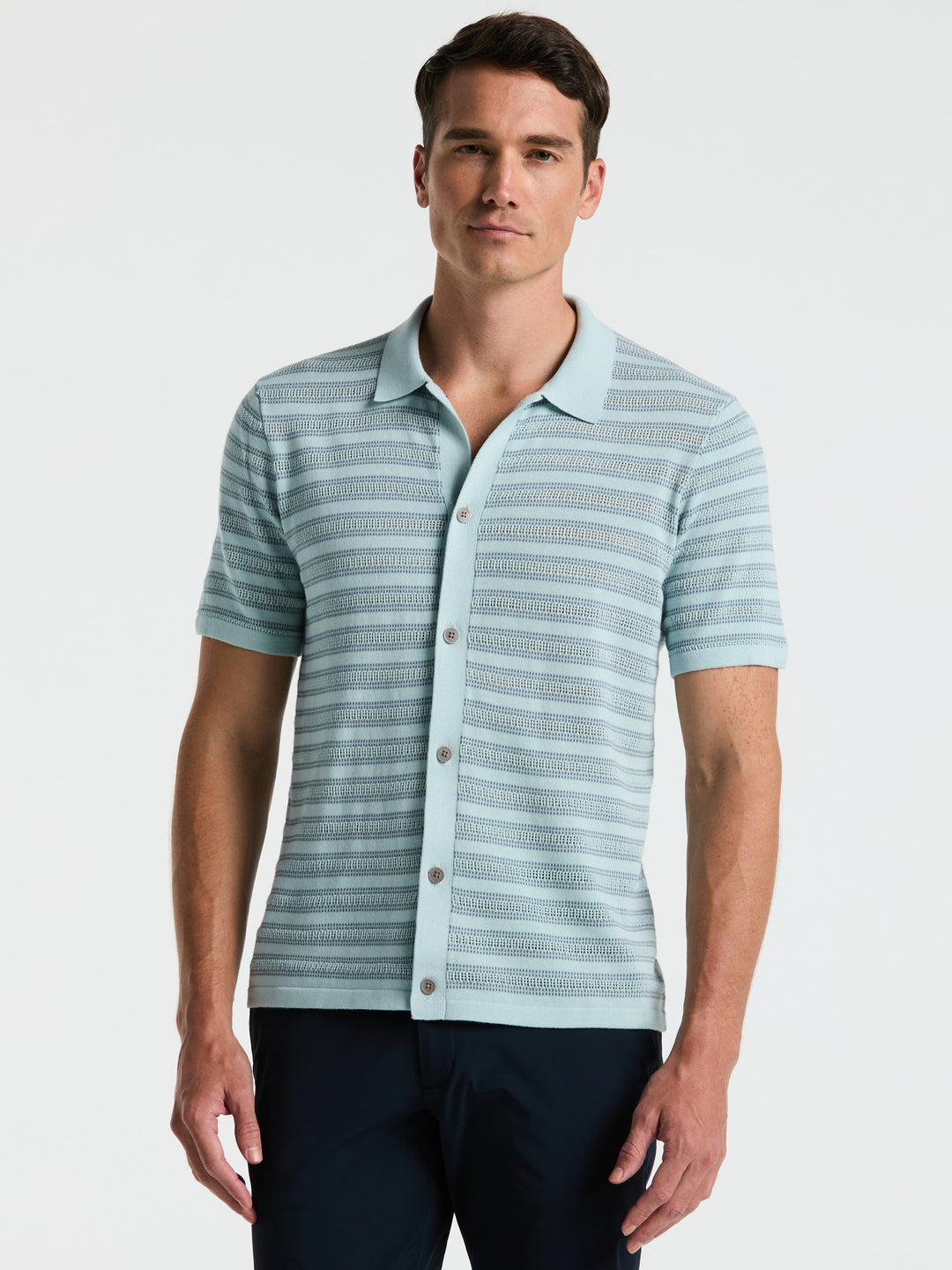 Button-Front Striped Polo Sweater (Ether) 