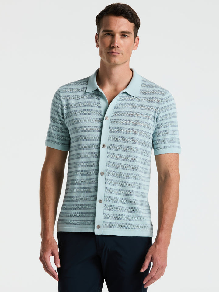 Button-Front Striped Polo Sweater (Ether) 