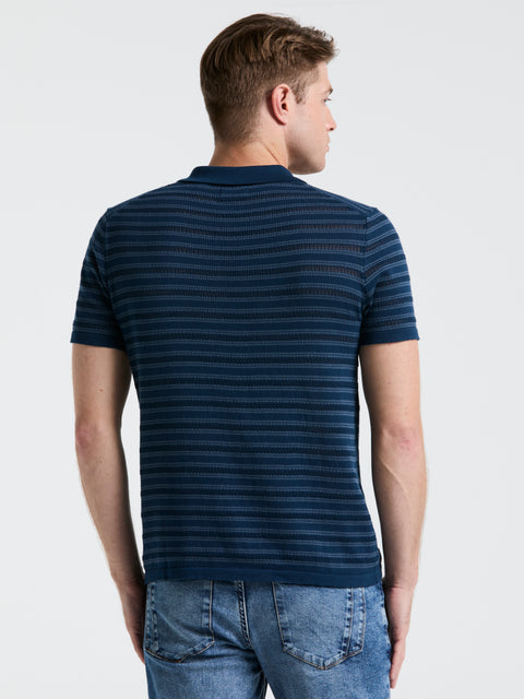 Button-Front Striped Polo Sweater (Blue Wing Teal) 