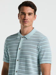 Button-Front Striped Polo Sweater (Ether) 