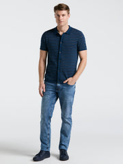 Button-Front Striped Polo Sweater (Blue Wing Teal) 