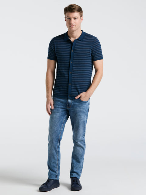 Button-Front Striped Polo Sweater (Blue Wing Teal) 