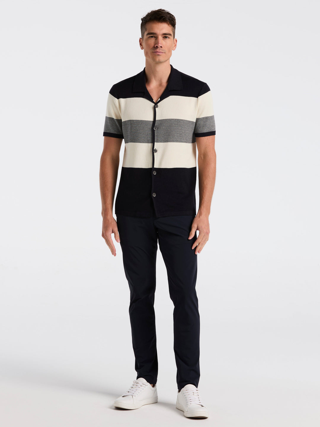 Men's Short Sleeve Button Front Sweater (Dark Sapphire) 