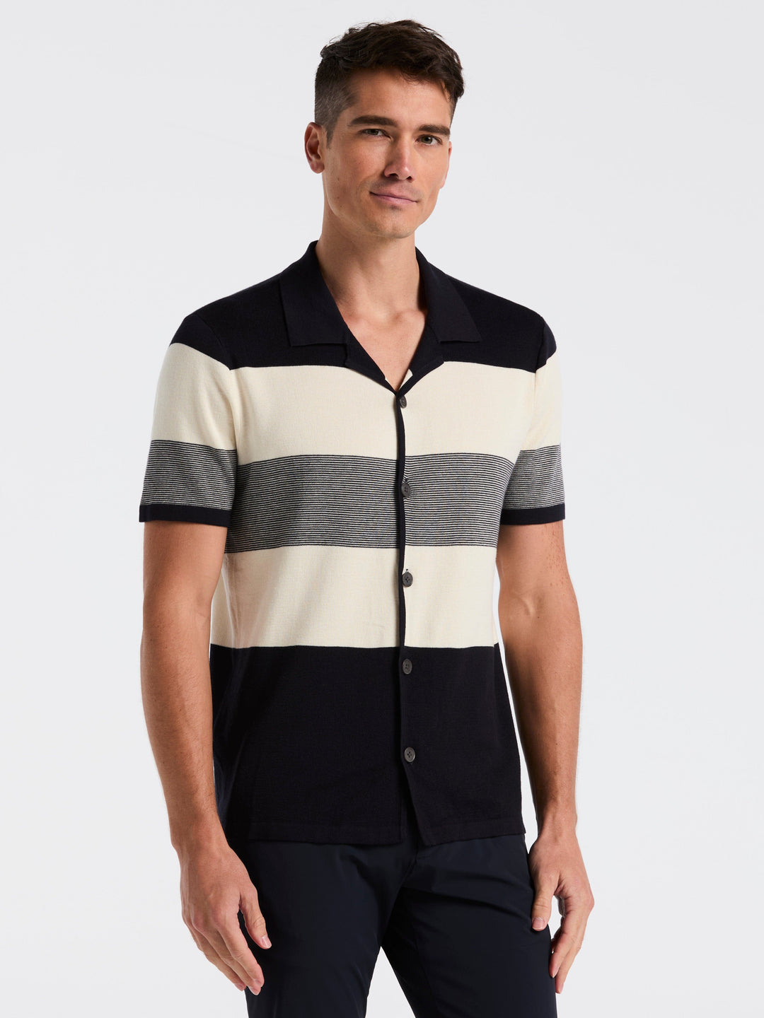 Men's Short Sleeve Button Front Sweater (Dark Sapphire) 