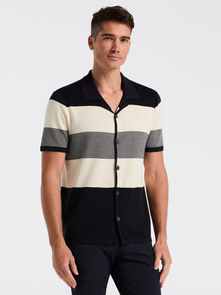 Men's Short Sleeve Button Front Sweater (Dark Sapphire) 