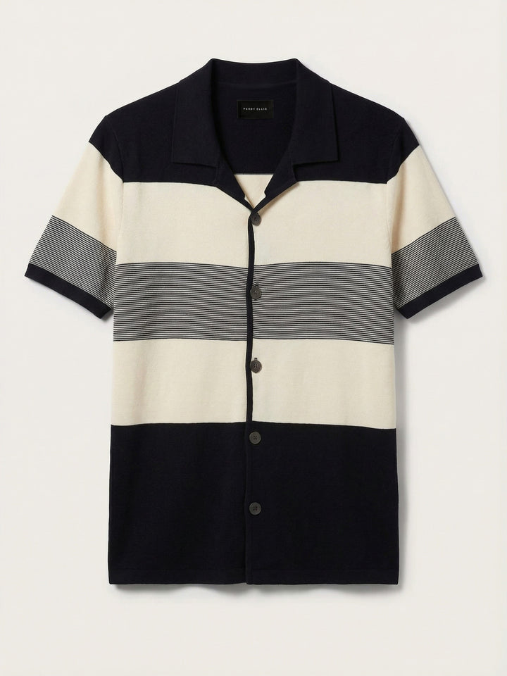 Men's Short Sleeve Button Front Sweater (Dark Sapphire) 