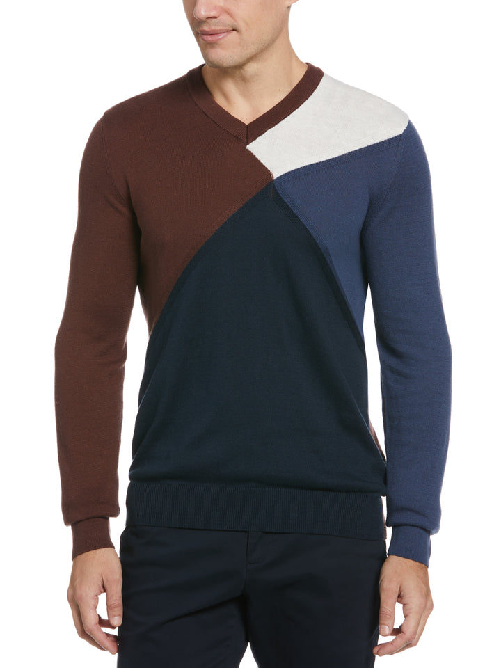 Color Block V-Neck Sweater (Dark Sapphire) 