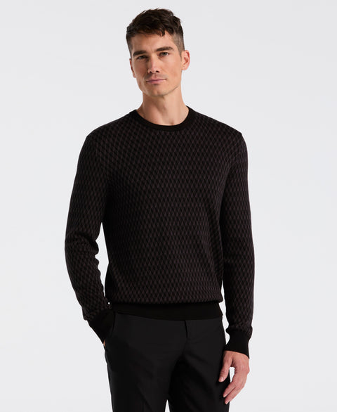 Cotton Blend Geo Jacquard Crew Neck Sweater (Black) 