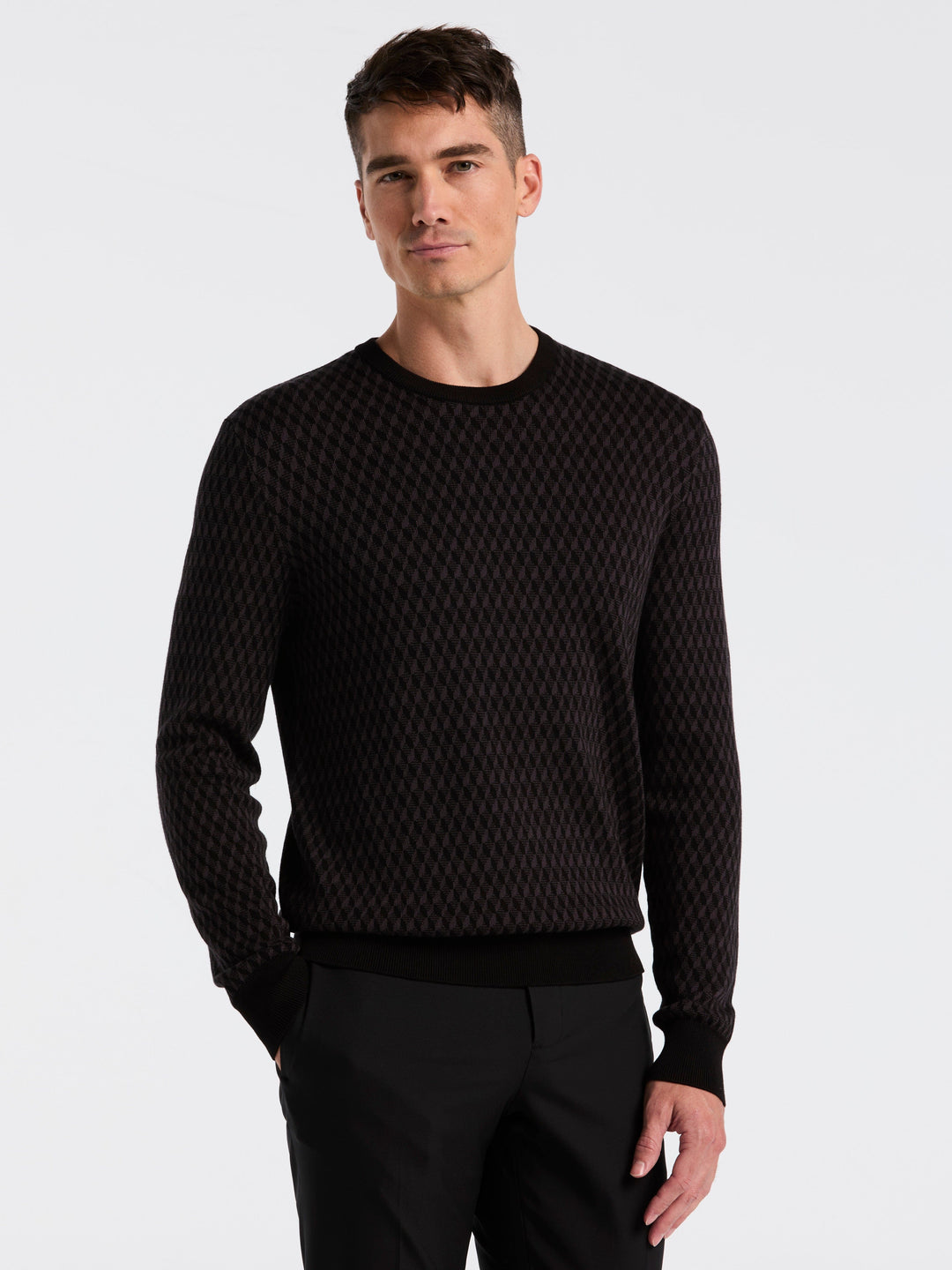 Cotton Blend Geo Jacquard Crew Neck Sweater (Black) 
