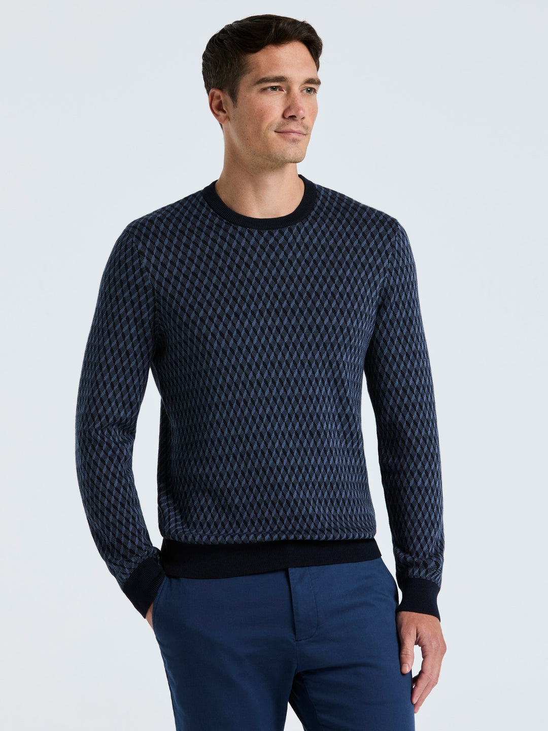 Cotton Blend Geo Jacquard Crew Neck Sweater (Vintage Indigo) 