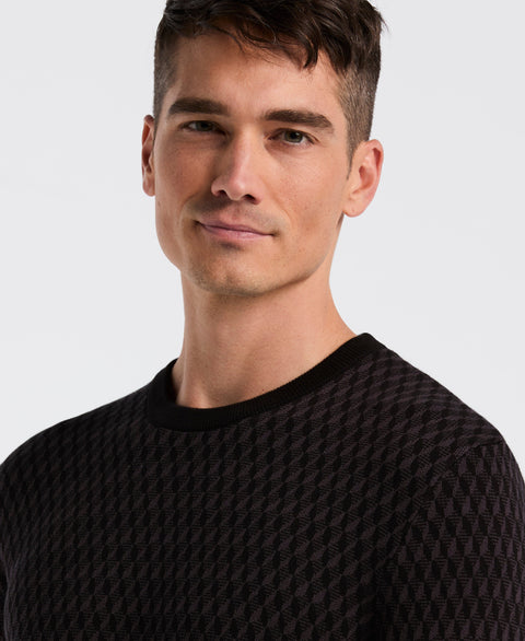 Cotton Blend Geo Jacquard Crew Neck Sweater (Black) 