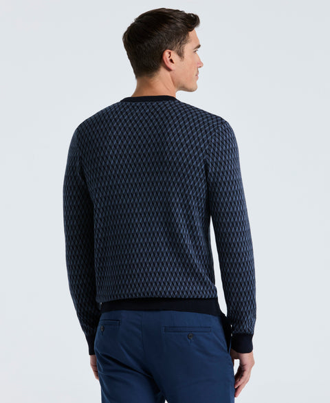 Cotton Blend Geo Jacquard Crew Neck Sweater (Vintage Indigo) 