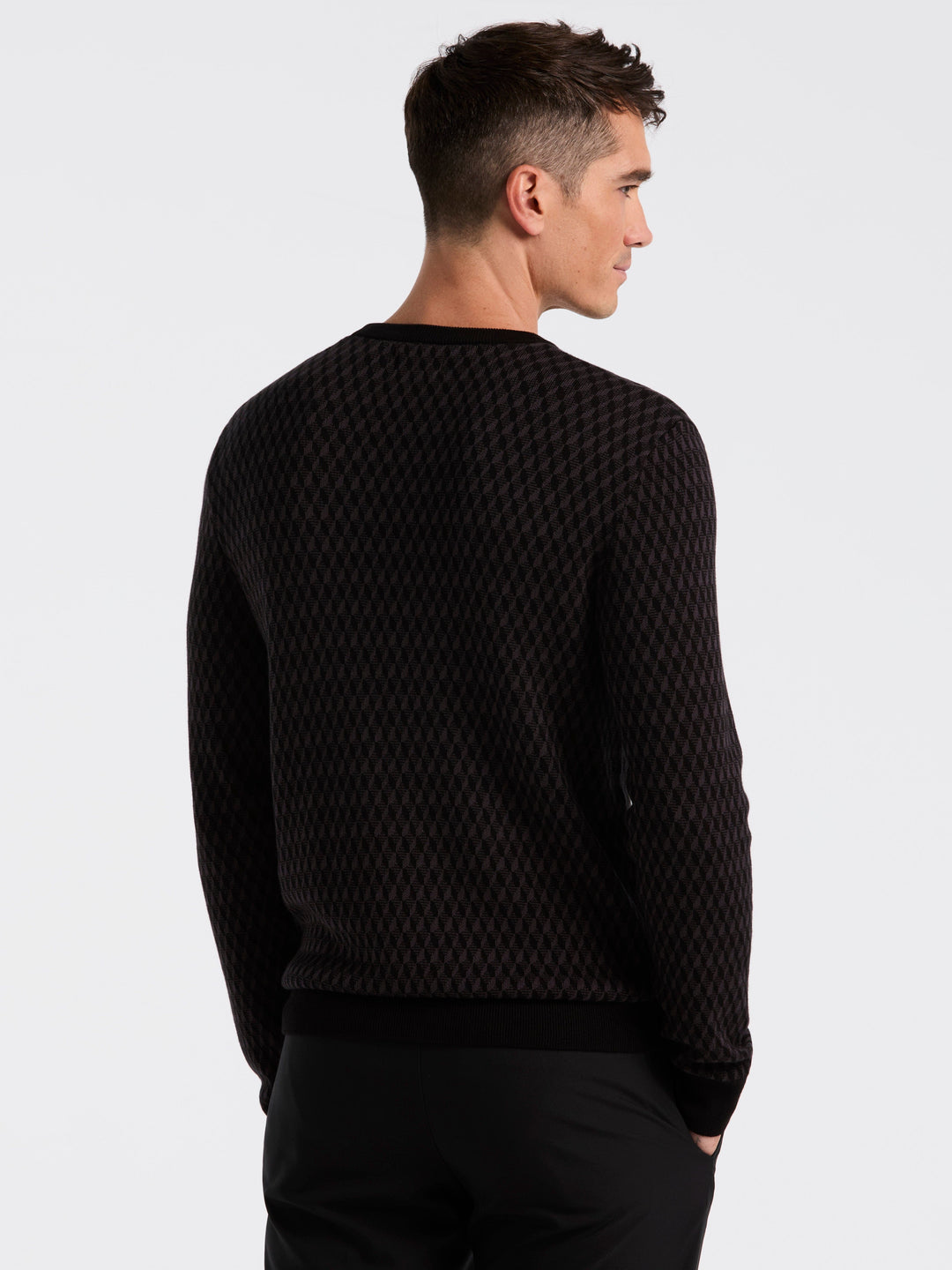 Cotton Blend Geo Jacquard Crew Neck Sweater (Black) 
