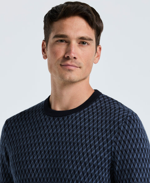 Cotton Blend Geo Jacquard Crew Neck Sweater (Vintage Indigo) 