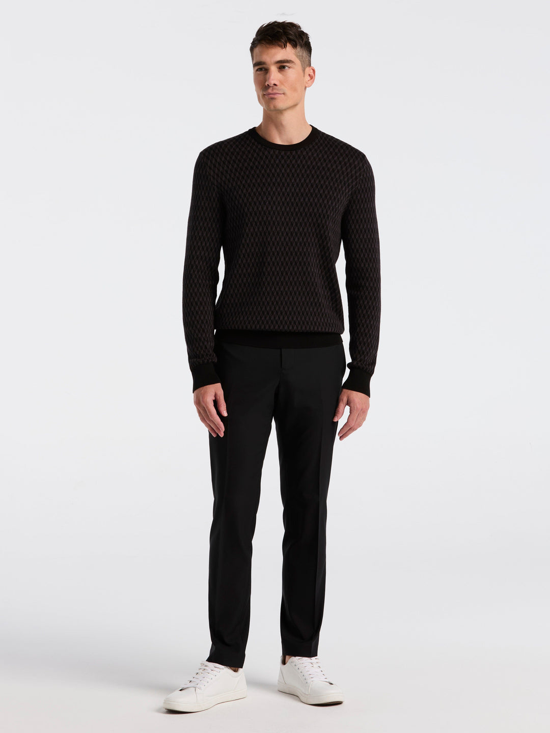 Cotton Blend Geo Jacquard Crew Neck Sweater (Black) 