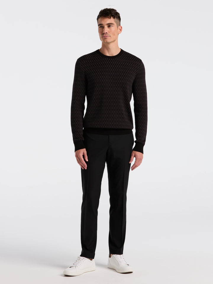 Cotton Blend Geo Jacquard Crew Neck Sweater (Black) 
