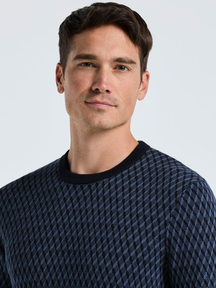 Cotton Blend Geo Jacquard Crew Neck Sweater (Vintage Indigo) 