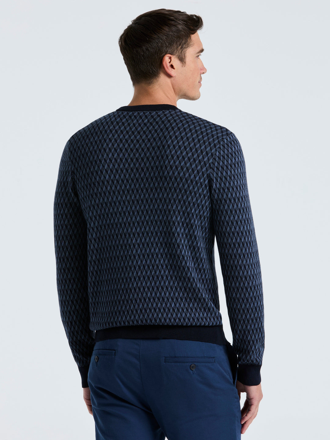 Cotton Blend Geo Jacquard Crew Neck Sweater (Vintage Indigo) 