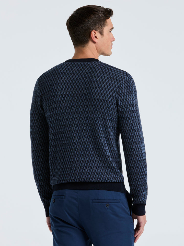 Cotton Blend Geo Jacquard Crew Neck Sweater (Vintage Indigo) 