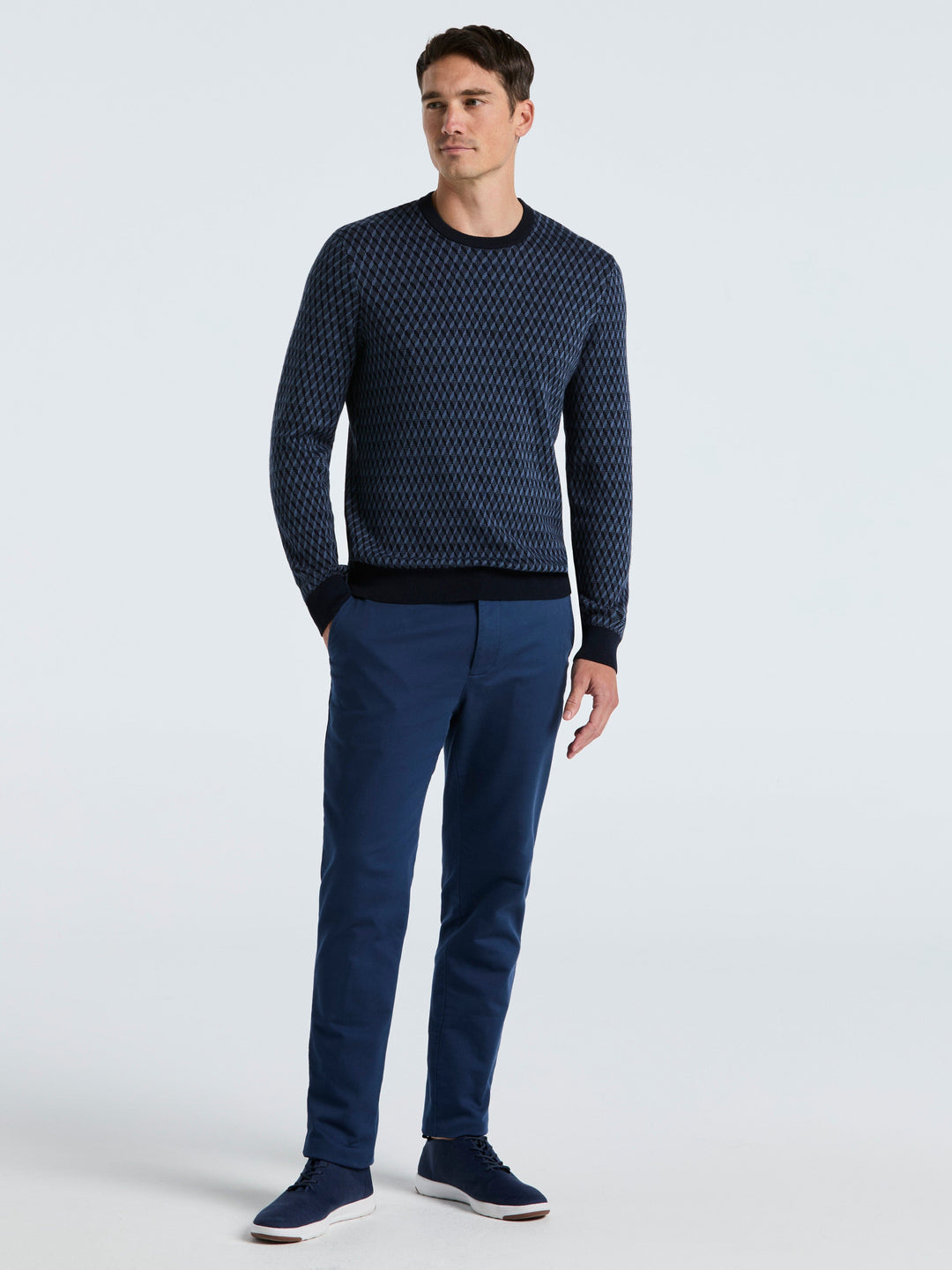 Cotton Blend Geo Jacquard Crew Neck Sweater (Vintage Indigo) 