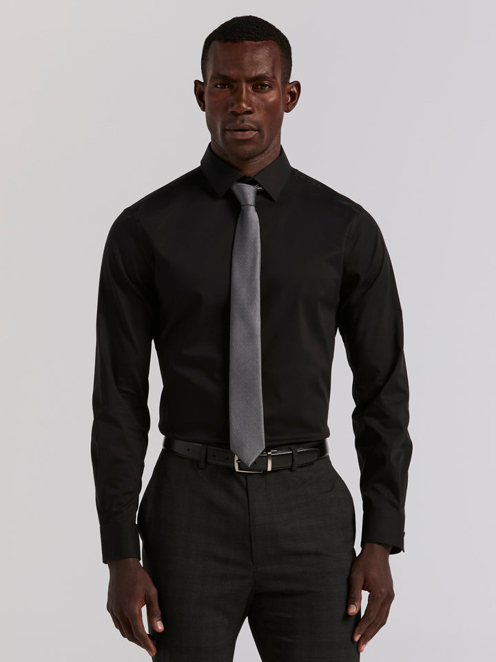 Cotton Dobby Slim Fit Long Sleeve Dress Shirt (Black) 