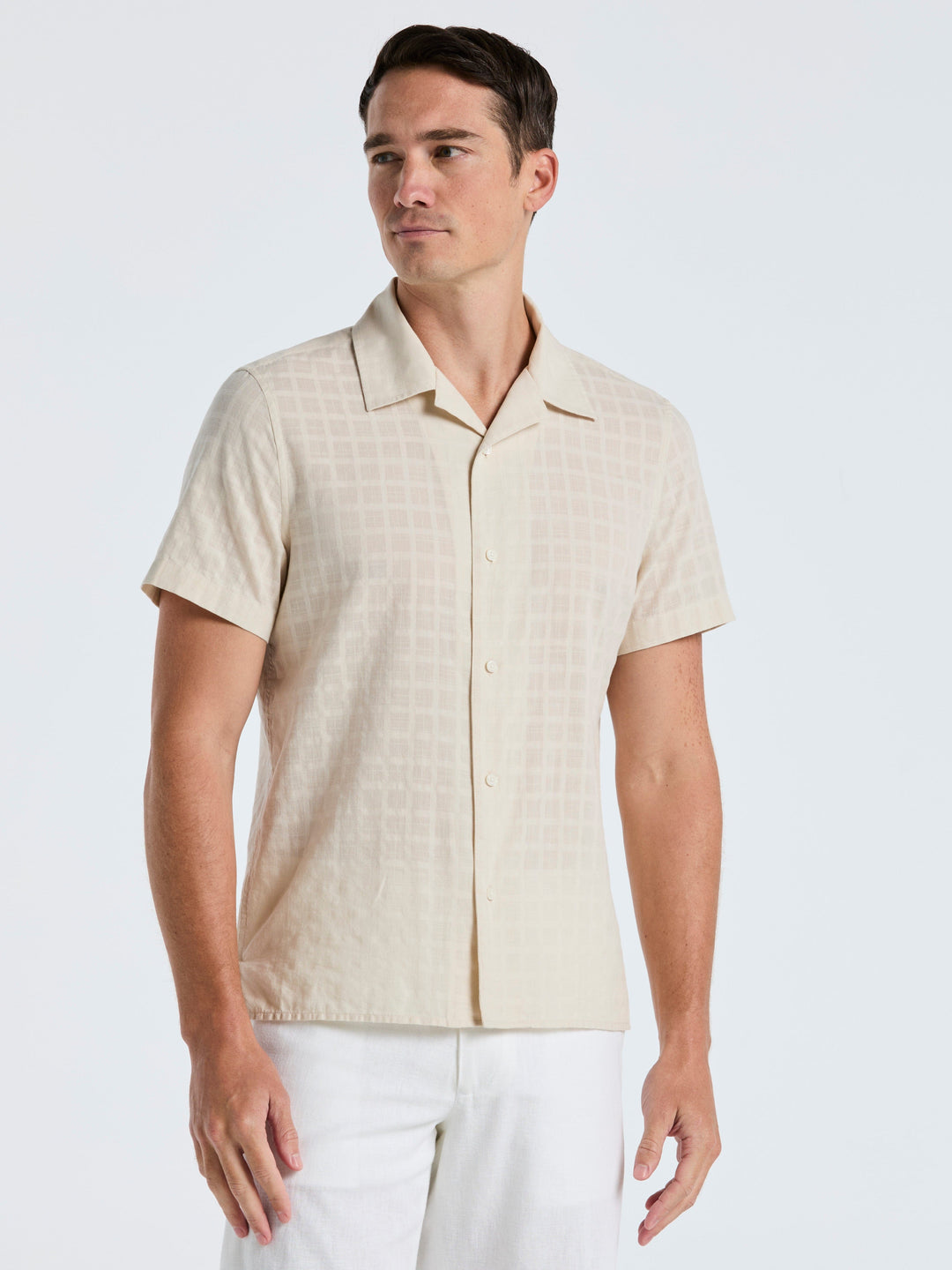 Perry Ellis Outlet Men's Cotton Dobby Plaid Shirt in Silver Birch/gray, Size Small, 100% cotton, Regular Short Sleeves