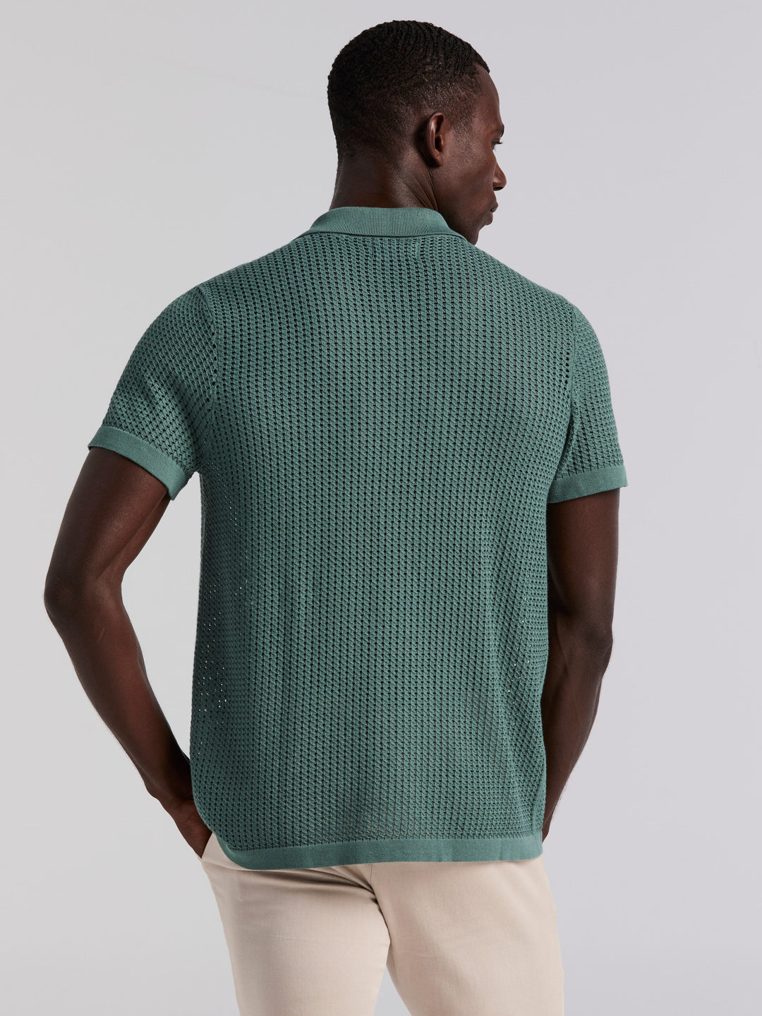 Cotton Jacquard Open Stitch Button Front Sweater (Sea Pine) 