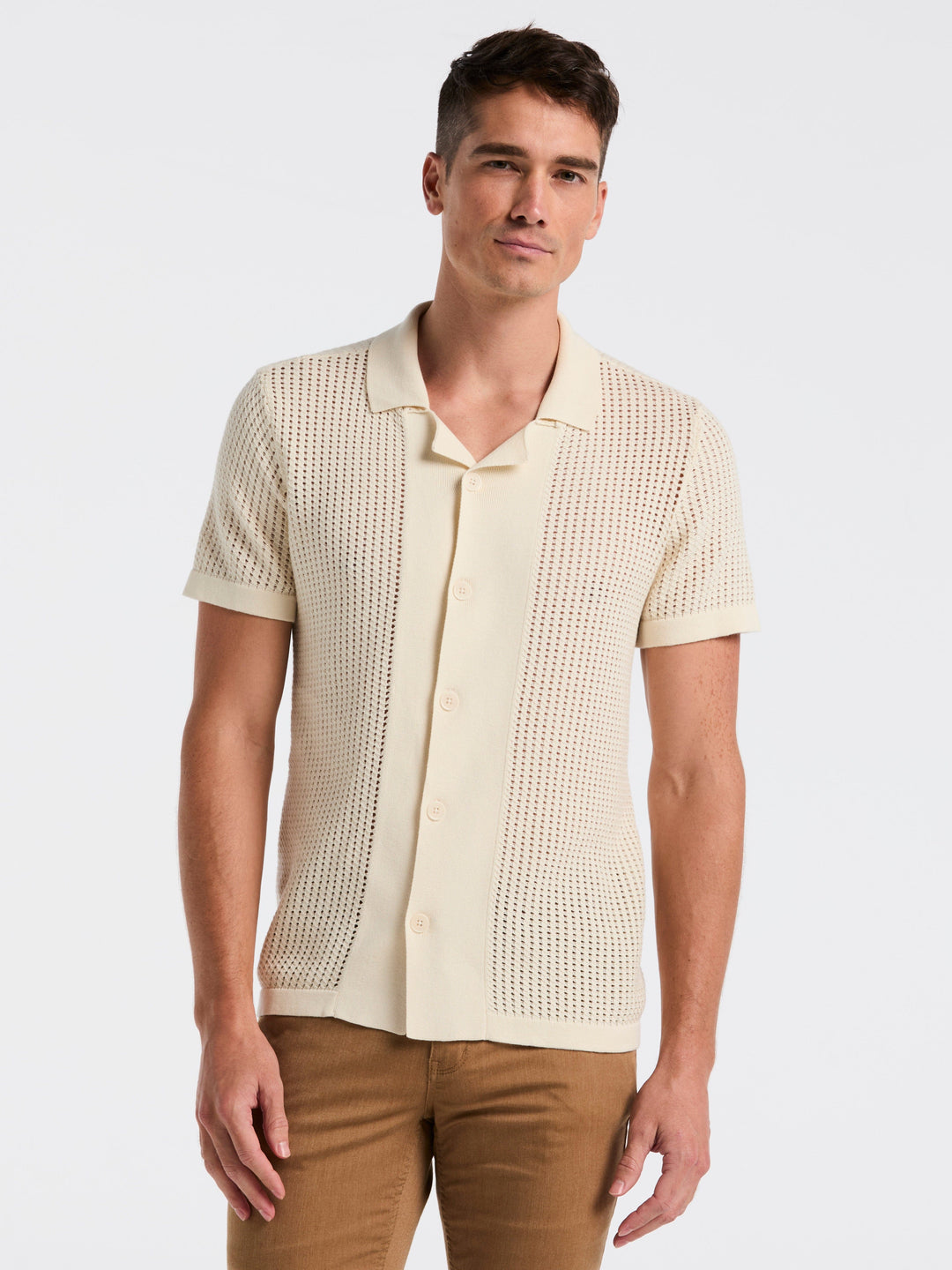 Cotton Jacquard Open Stitch Button Front Sweater (Birch) 