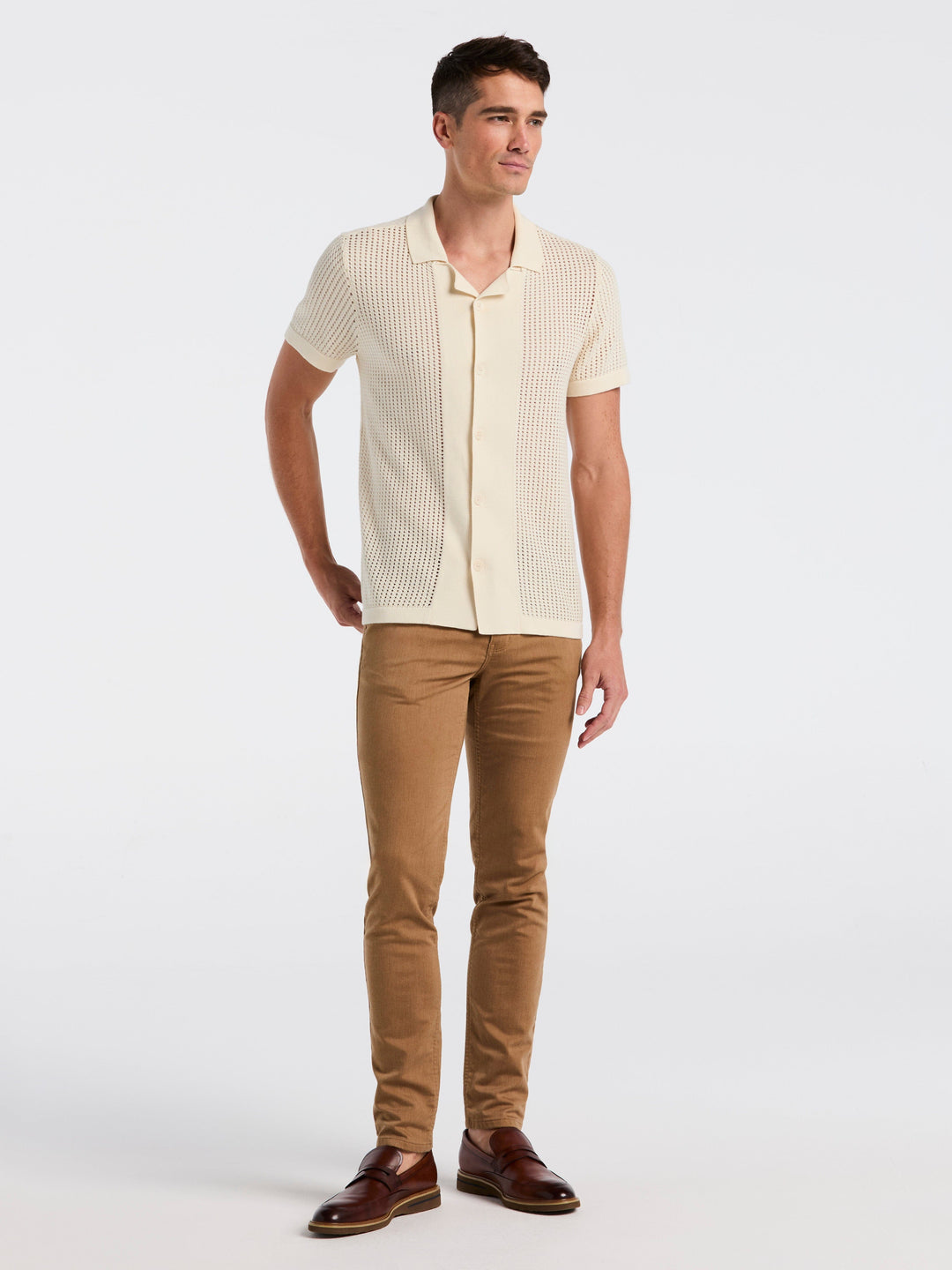 Cotton Jacquard Open Stitch Button Front Sweater (Birch) 