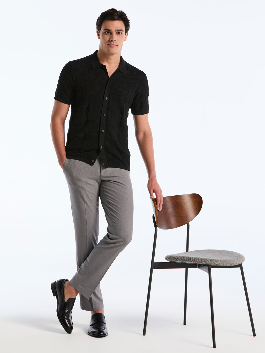 SS Open Stitch Jacquard Btn Front (Black) 