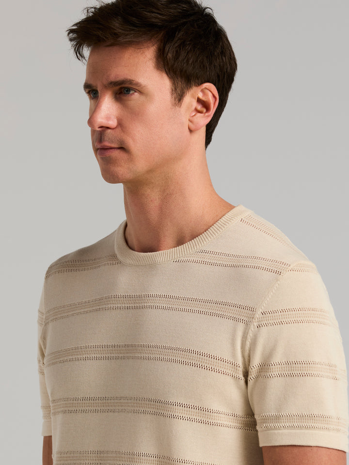 Cotton Mesh Texture Stripe Crew Neck Sweater (Silver Birch) 