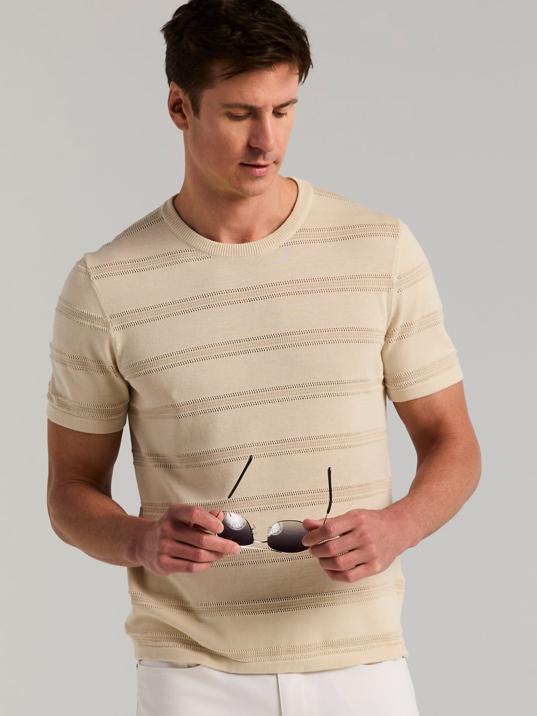 Cotton Mesh Texture Stripe Crew Neck Sweater (Silver Birch) 